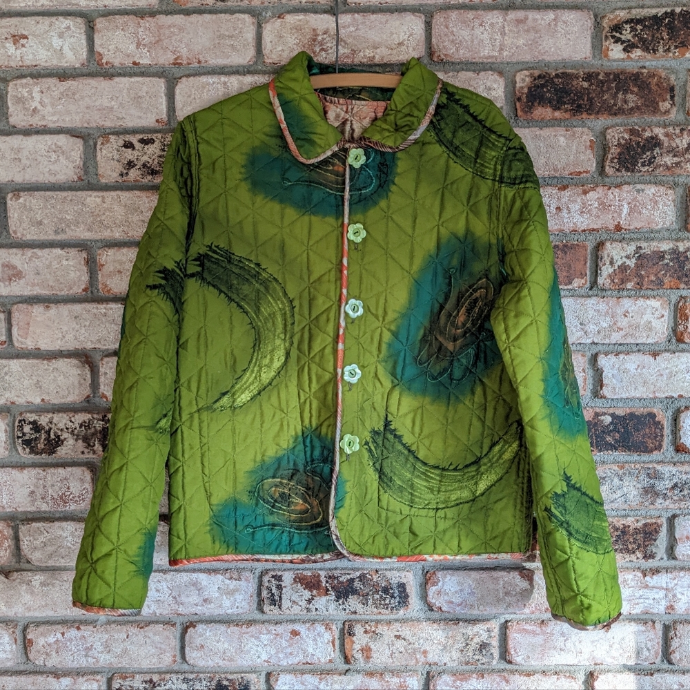 ❇️ Vintage Reversible Green or Shiny Quilted Lightweight Jacket w Flower Buttons